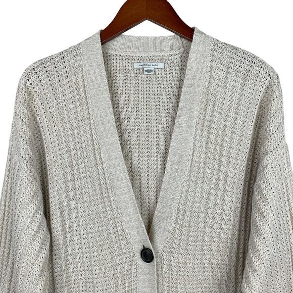 American Eagle Cardigan Sweater Beige Knit Oversized Button Front Women's M - Picture 2 of 7